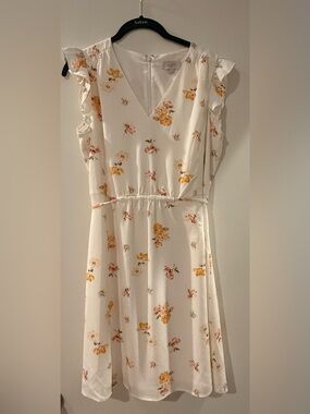 LOFT Outlet Floral Ruffle Sleeve A-Line Dress with Yellow and Pink Blooms